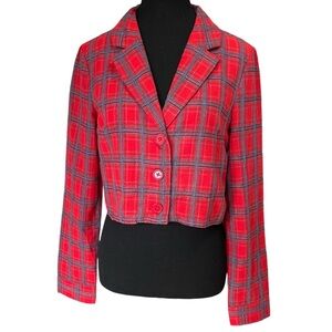Wild Honey Cropped Lightweight Blazer S Red Blue Plaid